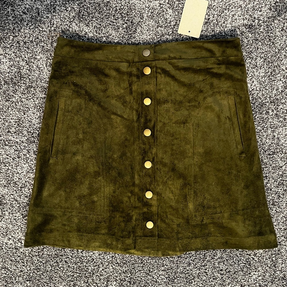 Army Green Suede High Waisted Skirt - NEW with Tags